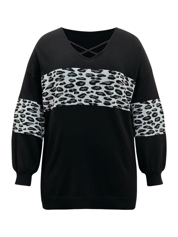 Anti-Pilling Leopard Patchwork Crisscross Neck Pullover
