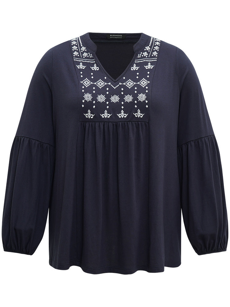 Floral Embroidered Notched Gathered T-shirt