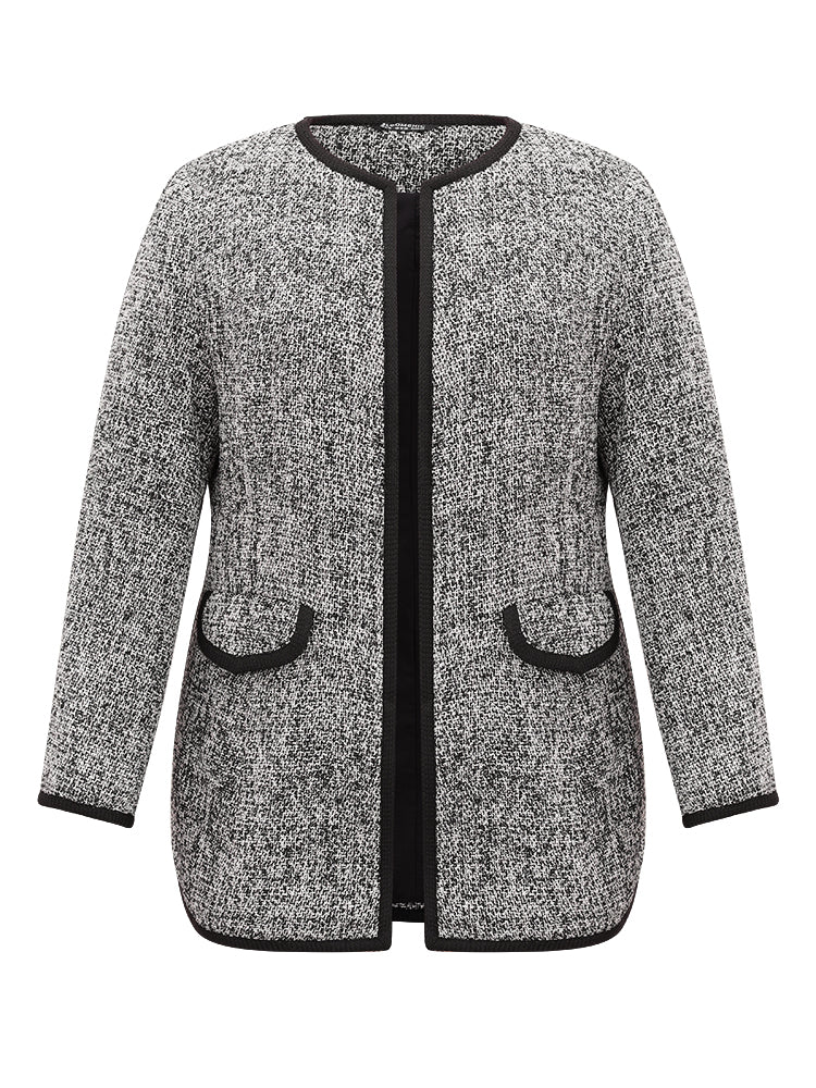 Tweed Flap Pocket Open Front Contrast Trim Blazer
