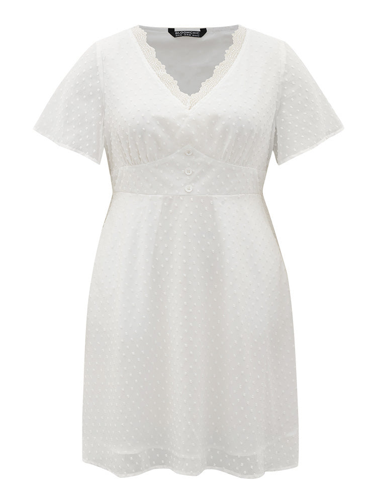 Polka Dot Crochet Lace Mesh Ruffles Button Detail Dress