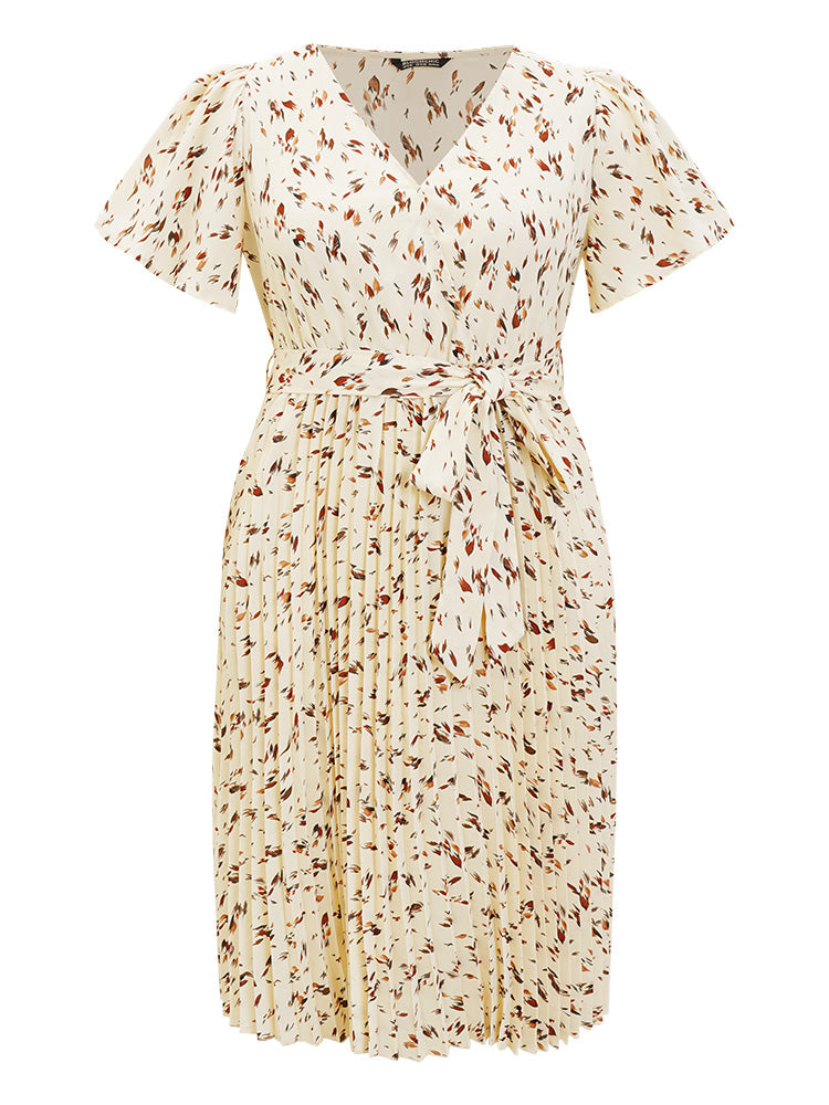 Allover Print Pleated Hem Belted Pocket Surplice Neck Dress