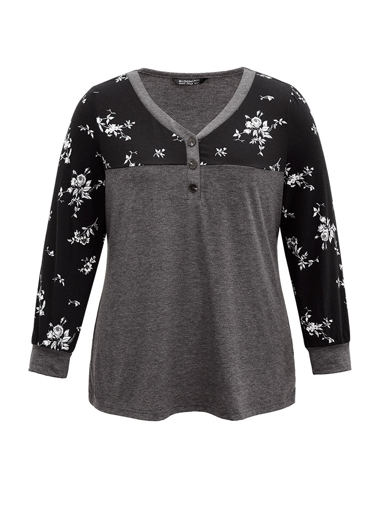 Floral Print Patchwork Button Up T-shirt