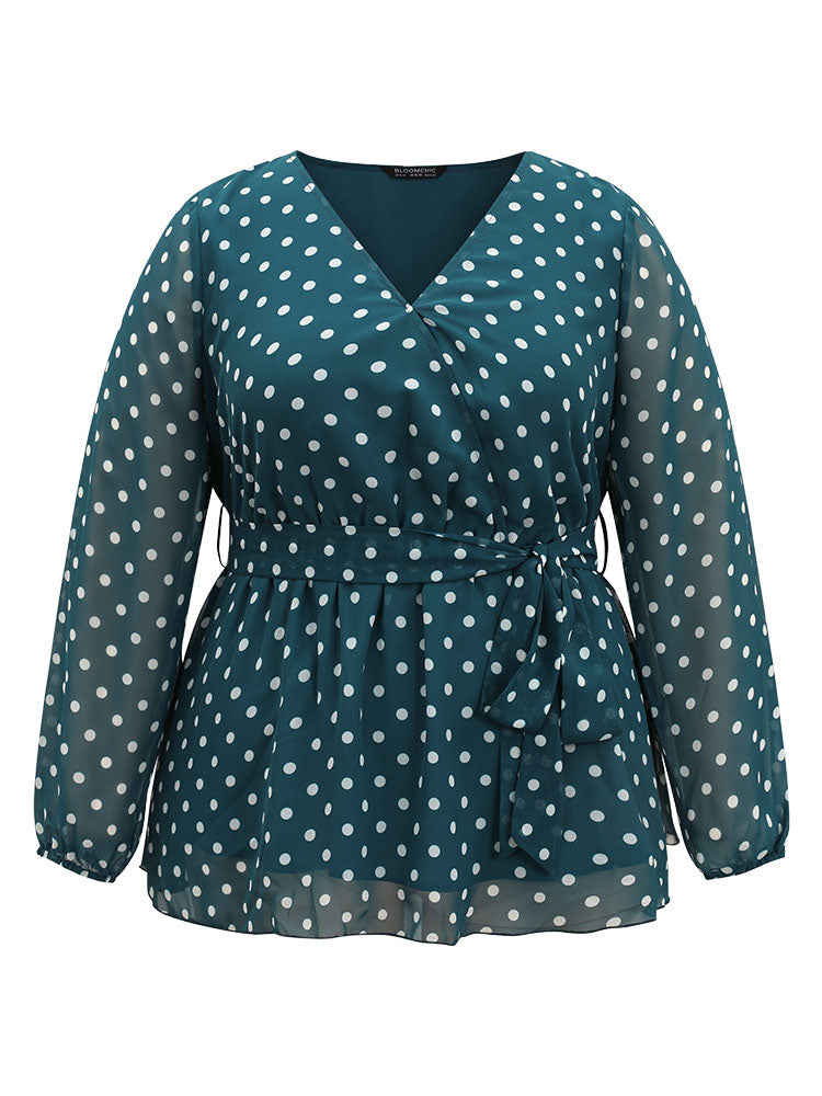 Polka Dot Belted Wrap Mesh Patchwork Blouse
