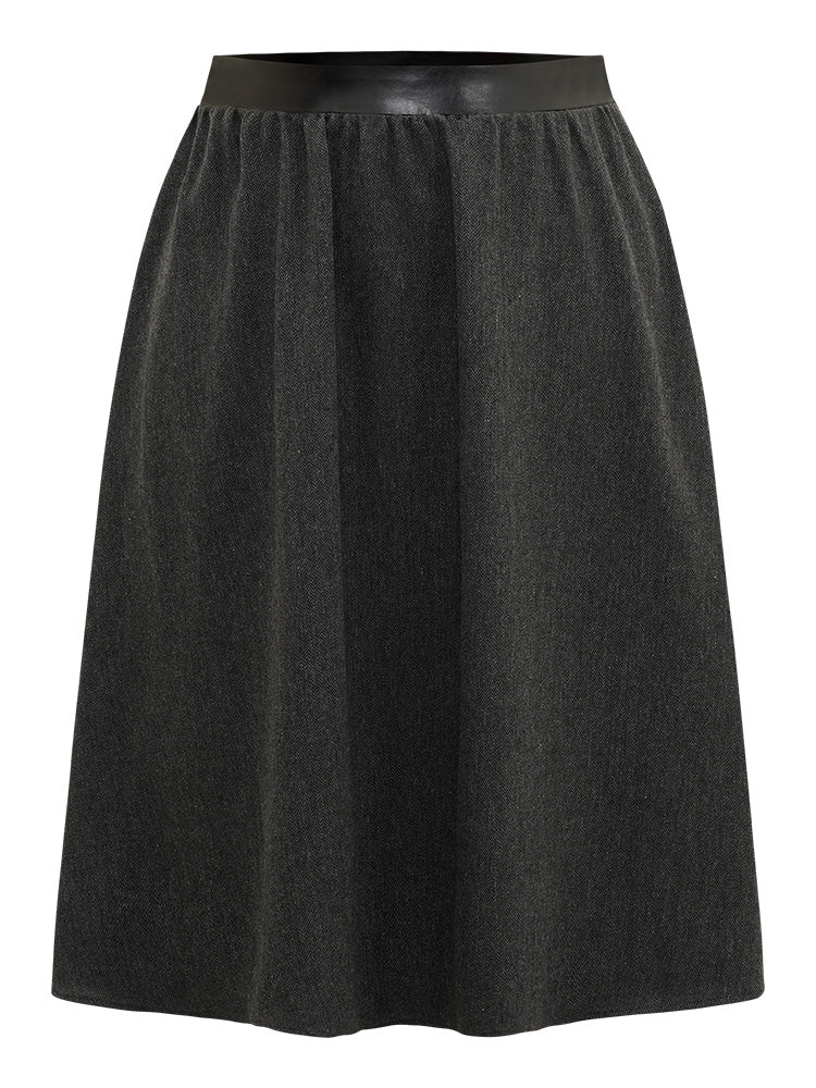 Solid PU Patchwork Pocket Elastic Waist Skirt