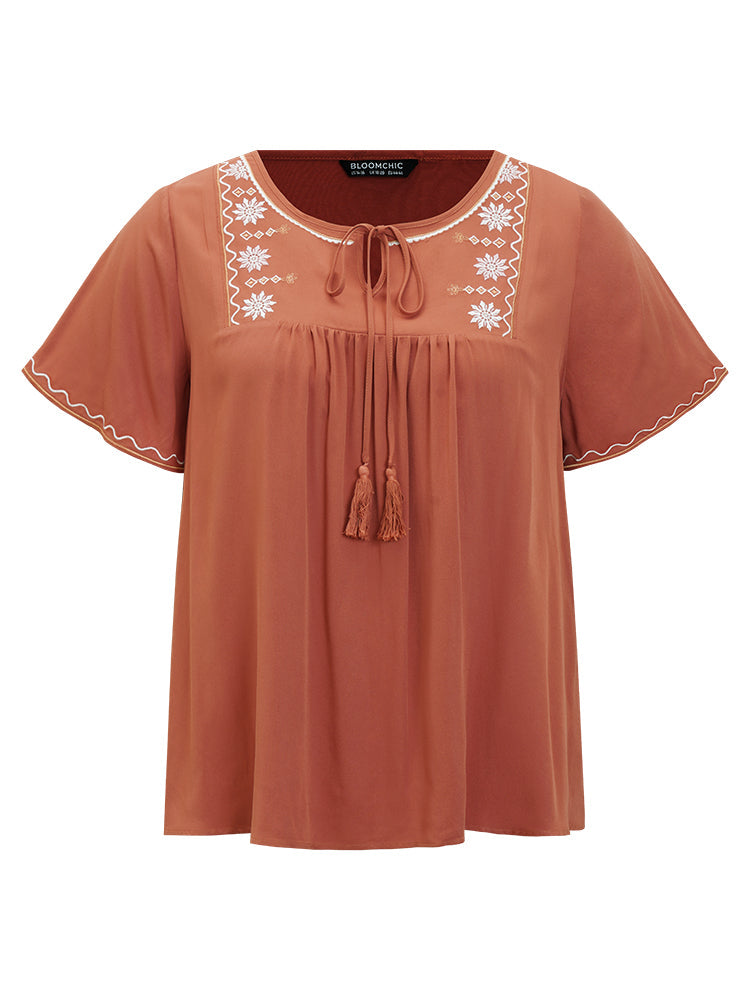 Floral Embroidered Keyhole Tassels Tie Neck Blouse
