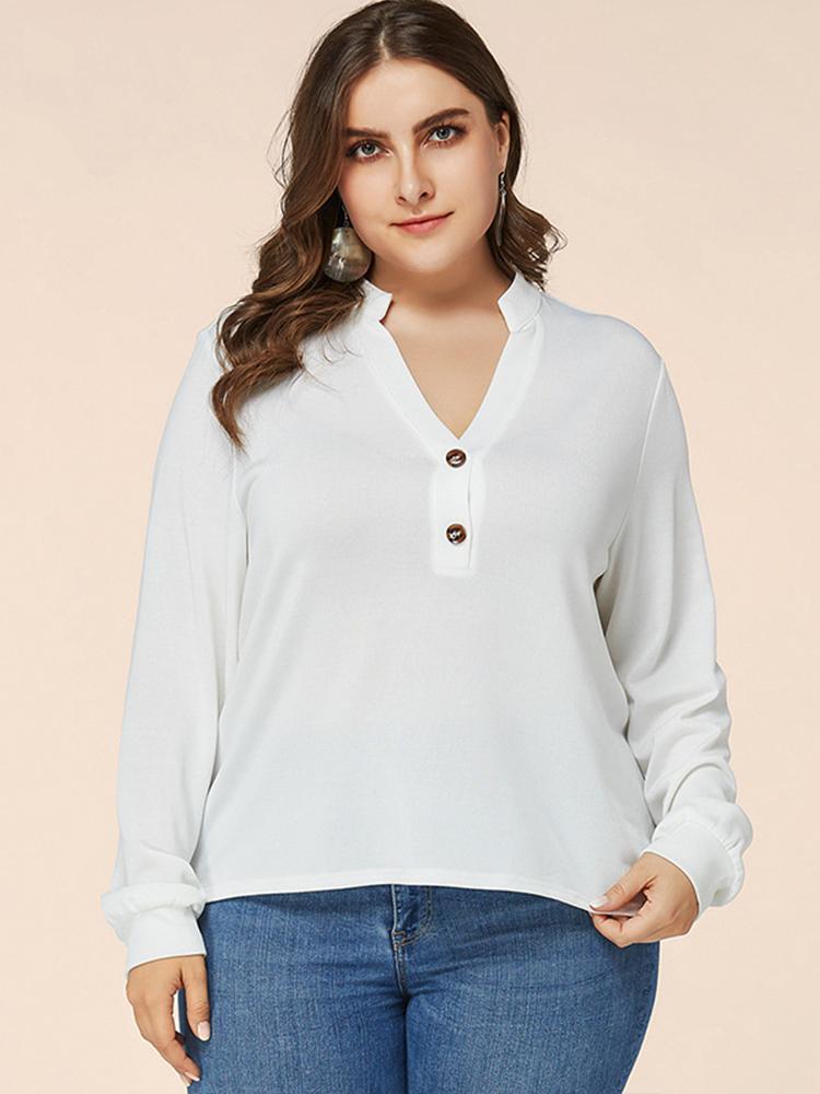 Button V-neck Stand Collar Blouse