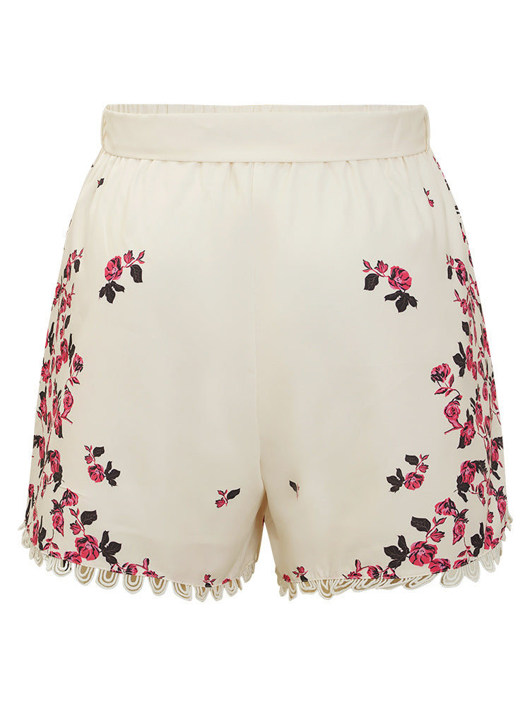 Floral Print Pocket Lace Hem Shorts