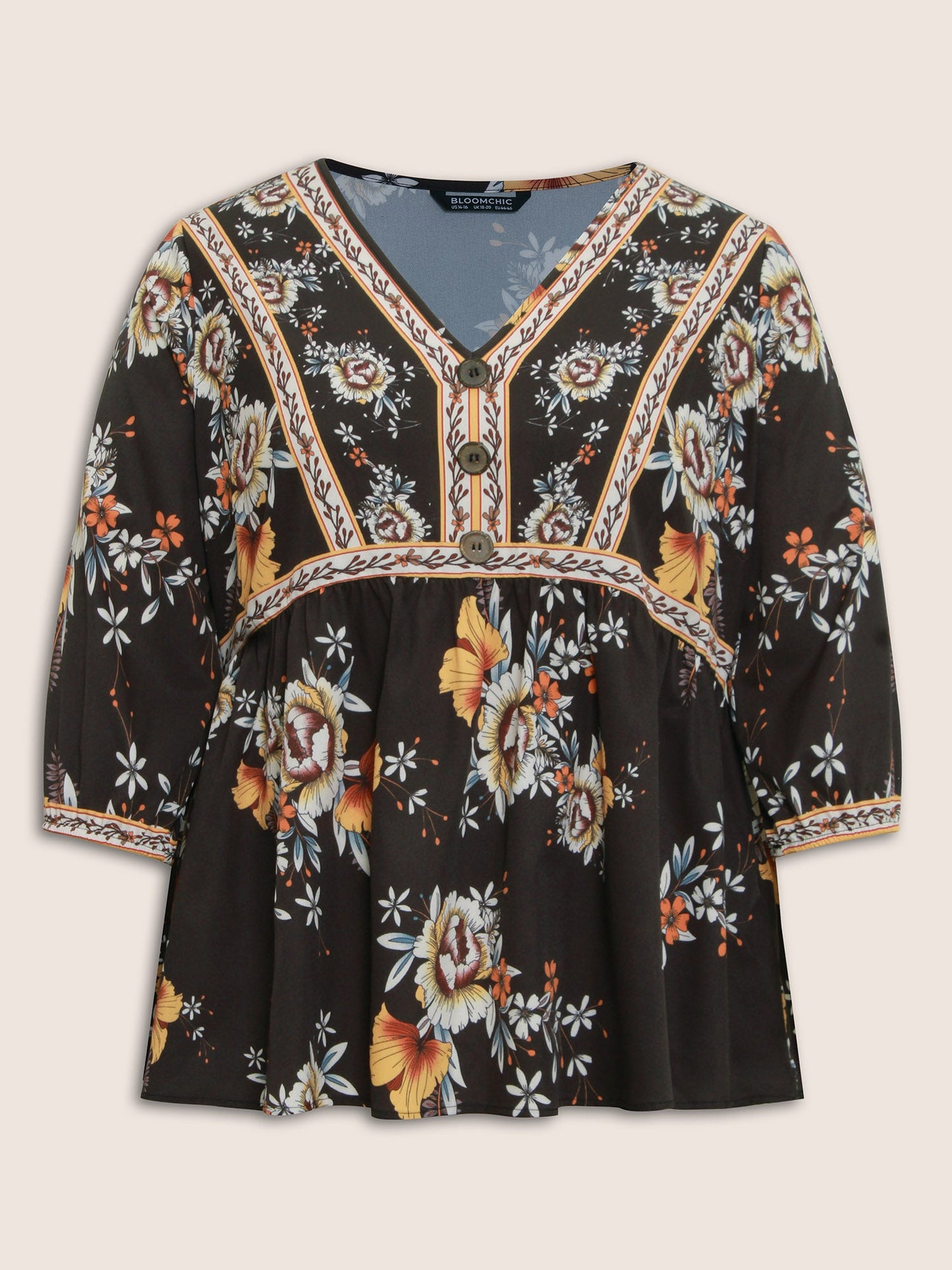 Boho Print V Neck Button Detail Gathered Blouse