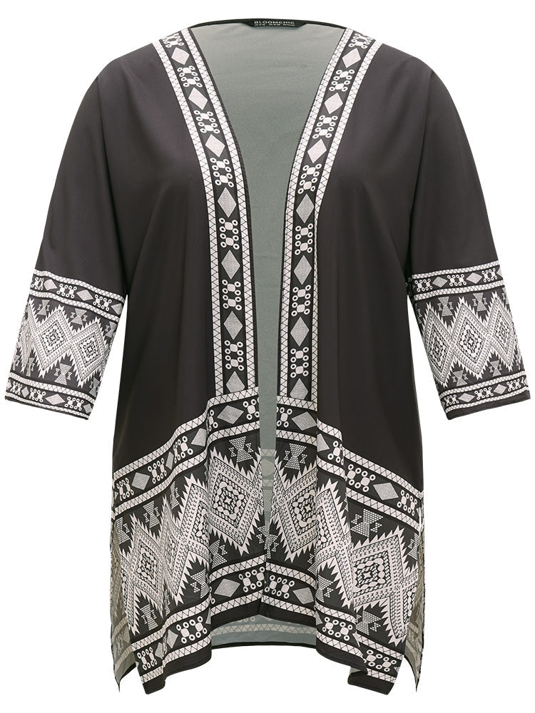 Boho Print Open Front Pocket Split Hem Kimono