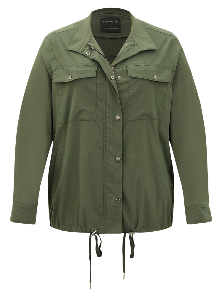 Plain Drawstring Hem Zipper Fly Flap Pocket Jacket