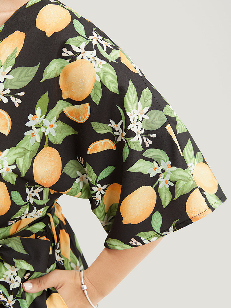 Lemon Print Pocket Dolman Sleeve Wrap Belted Jumpsuit