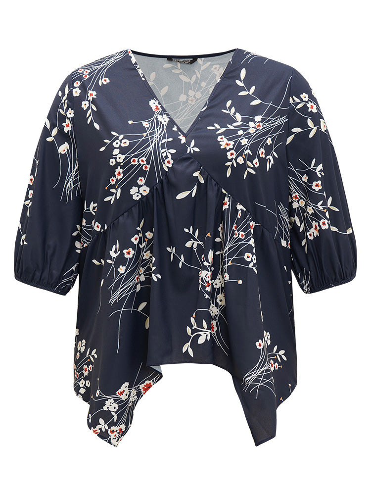 Floral Print Gathered Lantern Sleeve Asymmetrical Hem Blouse