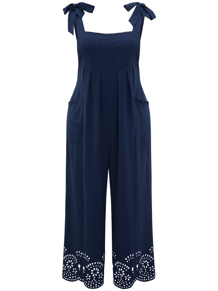 Solid Pleated Patched Pocket Laser Cut Overall Jumpsuit