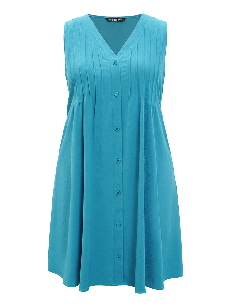 Solid Plicated Detail Button Through Tank Dress