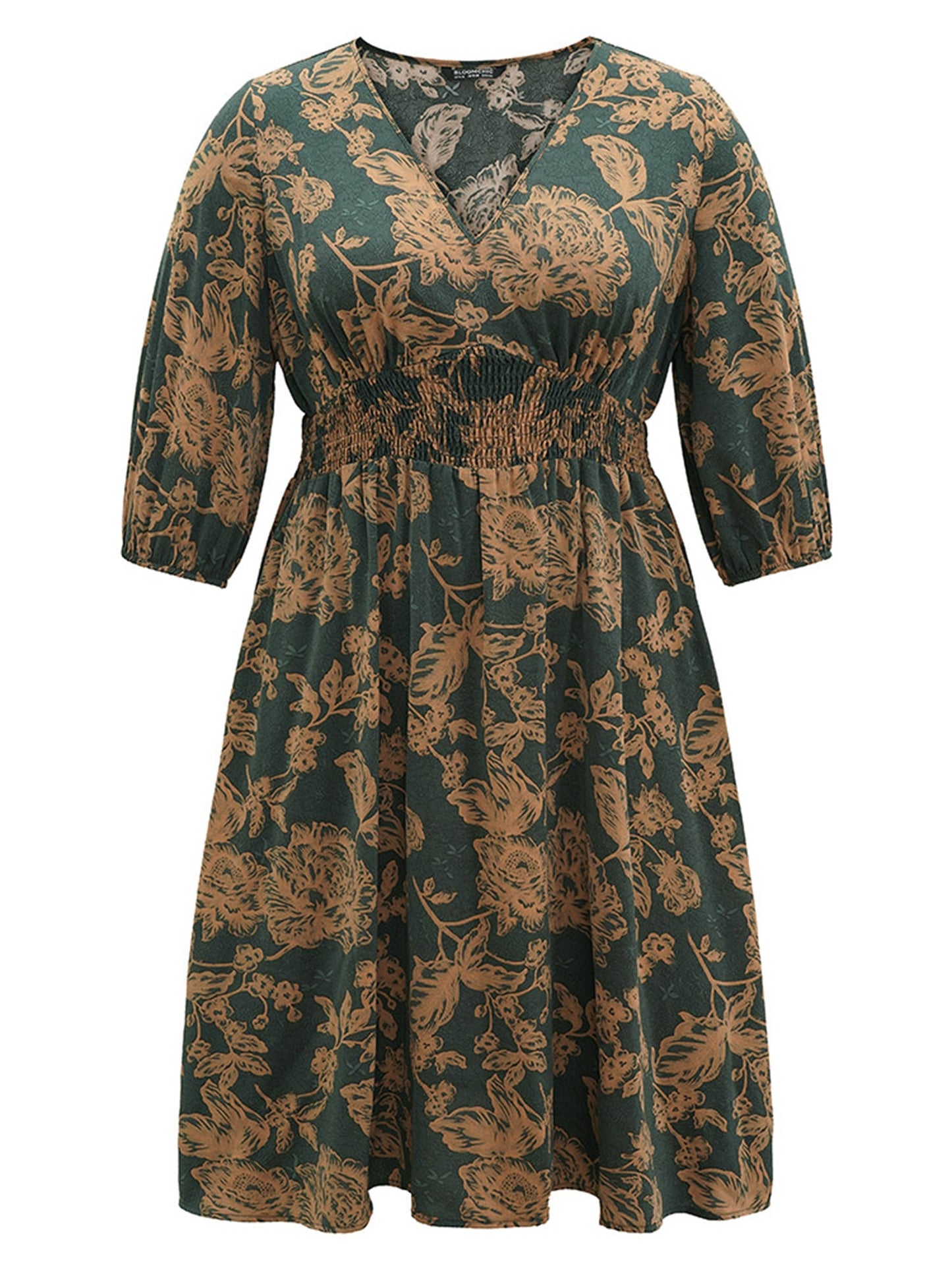 Floral Print Shirred Pocket Elastic Cuffs Dress