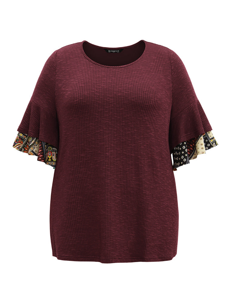 Textured Tiered Ruffle Sleeve Patchwork Boho Print T-shirt