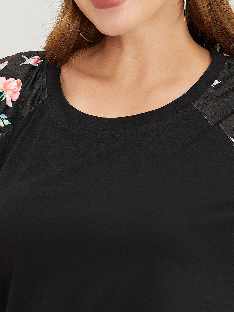 Floral & Striped Print Raglan Sleeve T-shirt