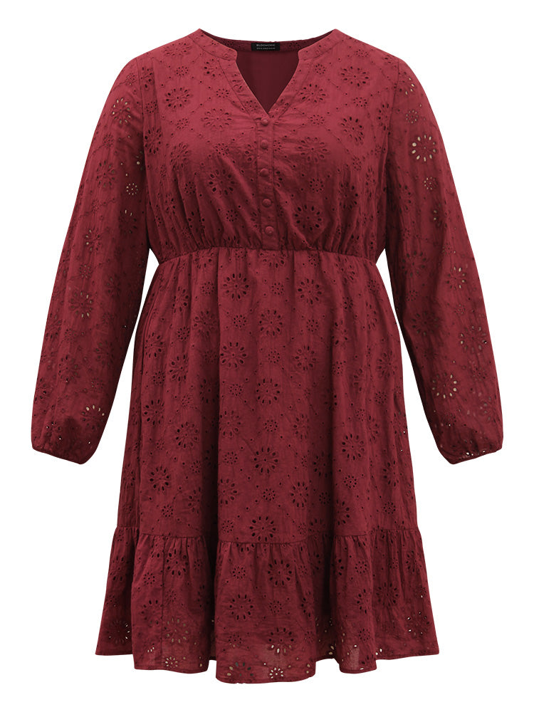 Plain Geometric Eyelet Notched Lantern Sleeve Dress