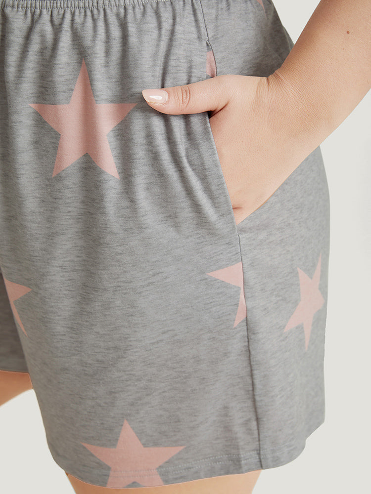Star Print Elastic Waist Pocket Drawstring Sleep Shorts