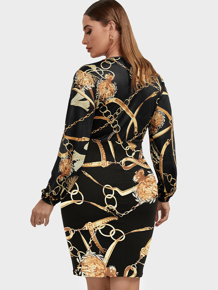 Chain Print Button Bodycon Dress