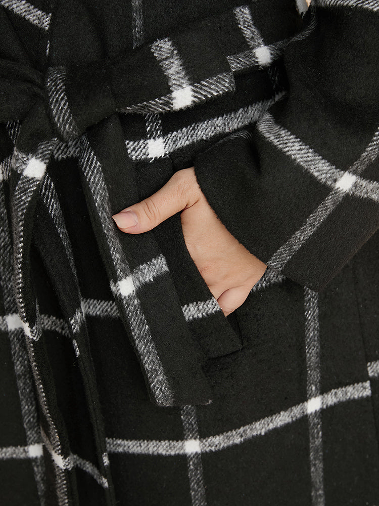 Plaid Lapel Collar Pocket Belted Open Front Coat