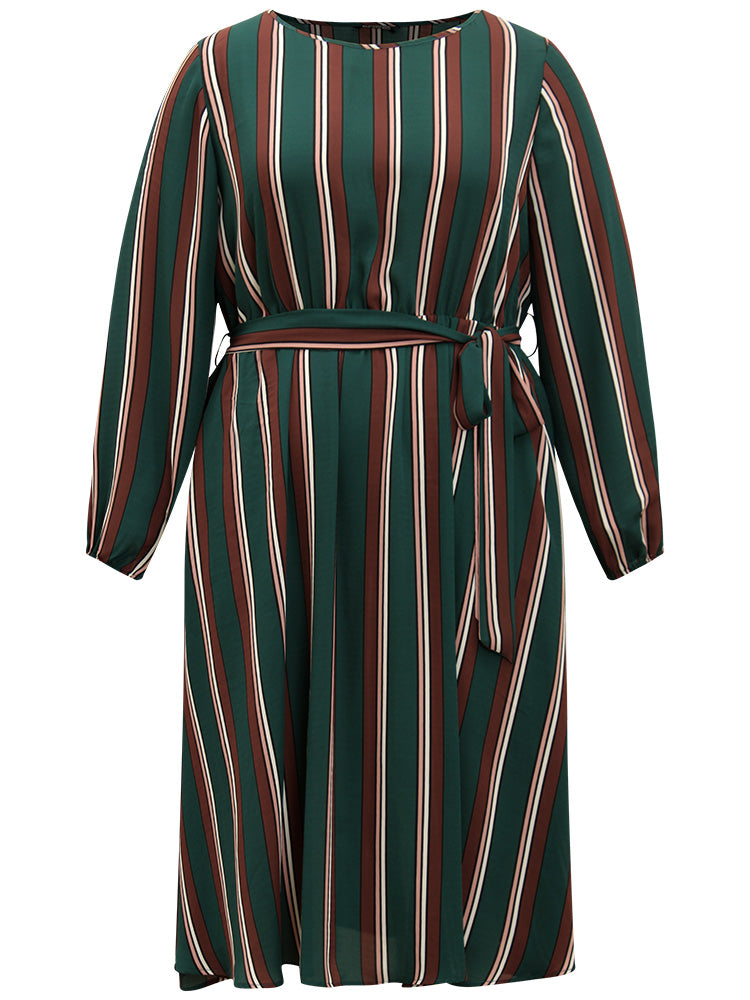 Striped Contrast Crew Neck Belted Dress