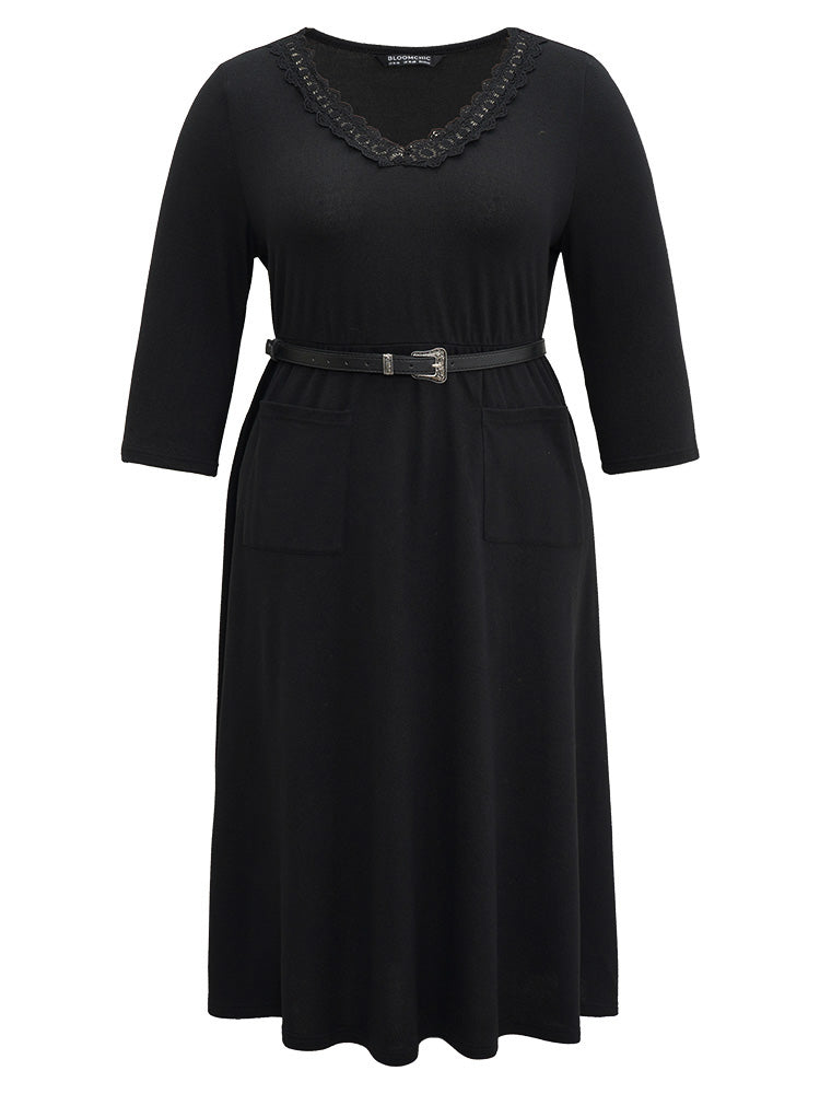 Guipure Lace Buckle Detail Belted Pocket Dress