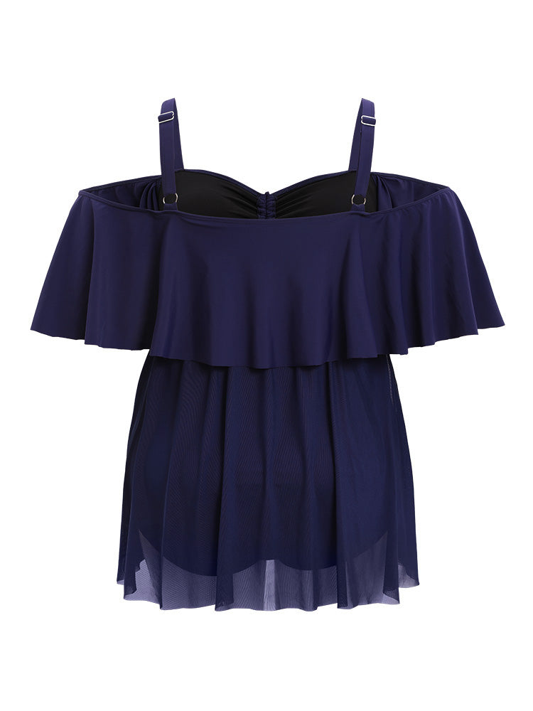 Cape Detail Drawstring Ruffle Trim Cold Shoulder Swim Dress