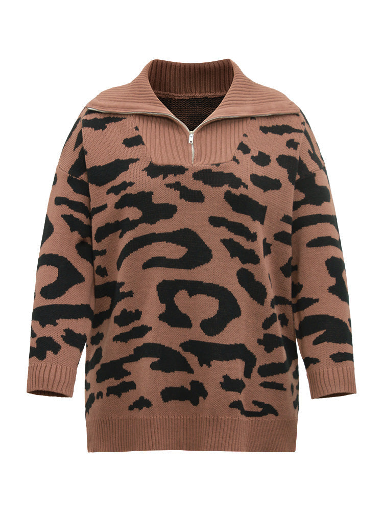 Leopard Graphic Half Zip Polo Knit Pullover