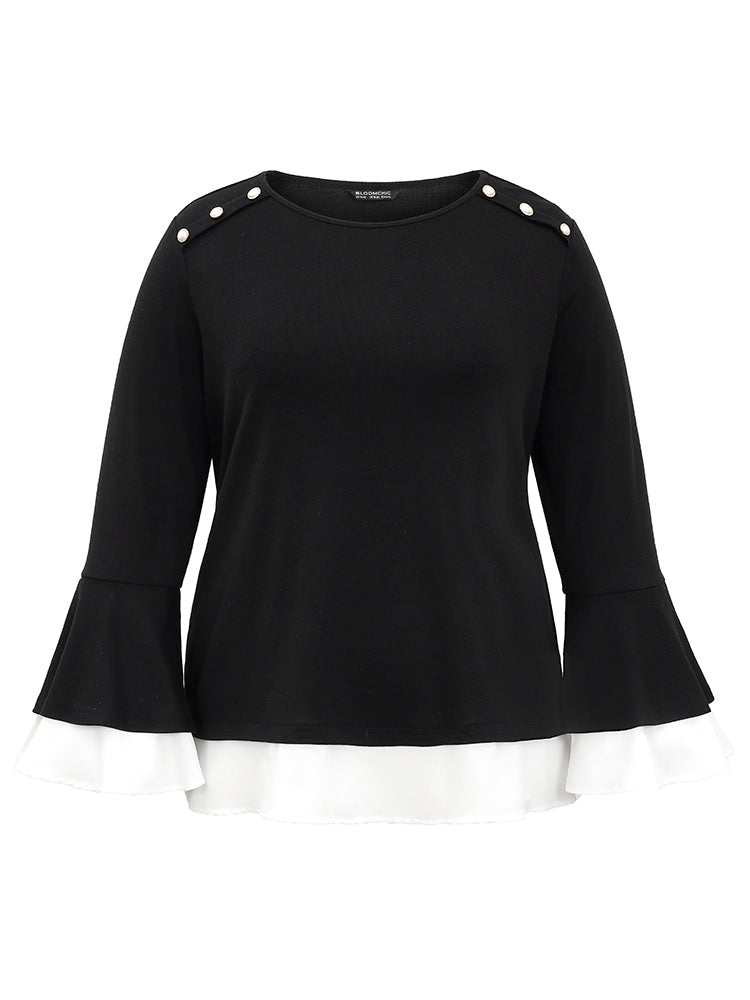 Contrast Tiered Bell Sleeve Button Detail T-shirt