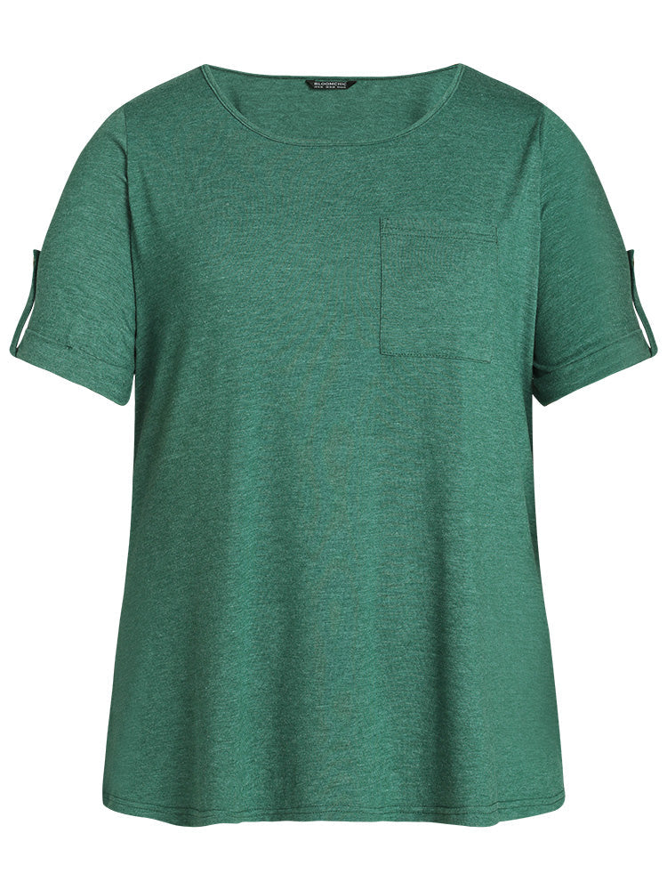 Heather Crew Neck Patched Pocket Tab Sleeve T-shirt