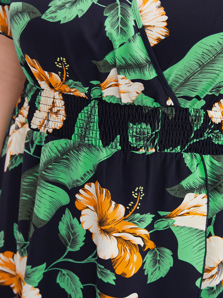 Tropical Print Surplice Neck Pocket Asymmetrical Shirred Flutter Dress