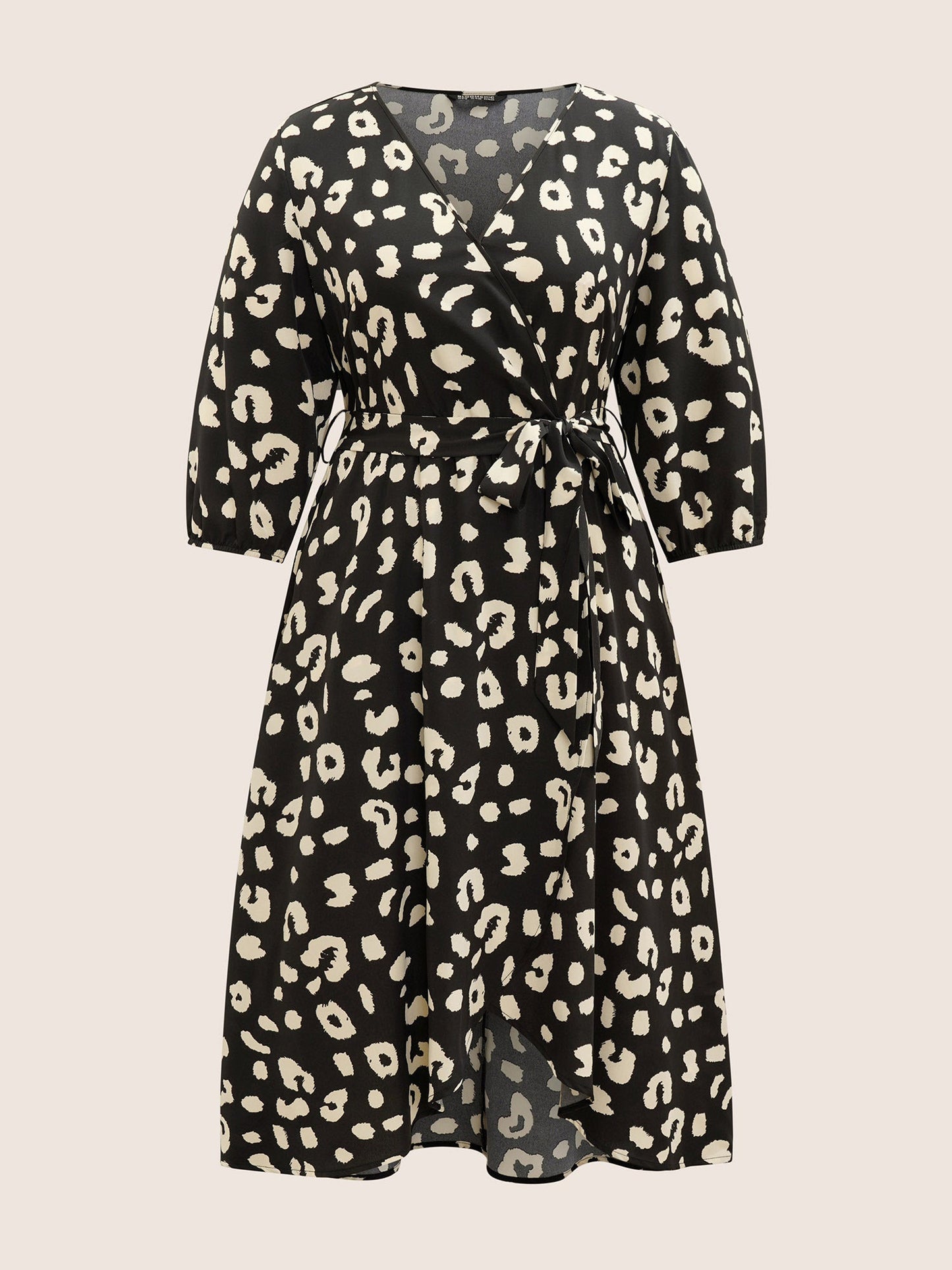 Leopard Overlap Collar Elastic Waist Belted Dress