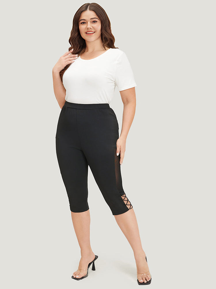 Plain Crisscross Mesh Patchwork Cropped Leggings