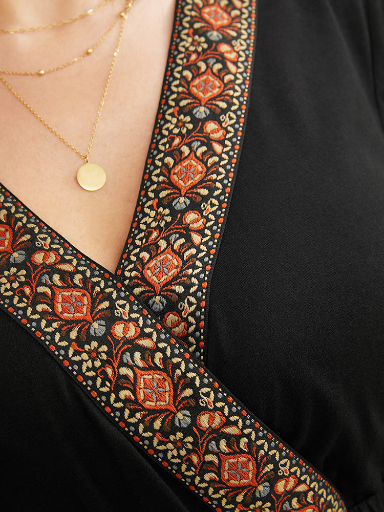 Plain Webbing Ruffle Surplice Neck T-shirt