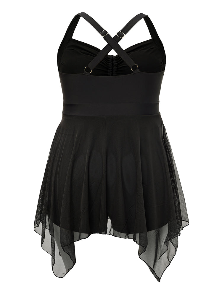 Drawstring Ruched Mesh Hanky Hem Swim Dress