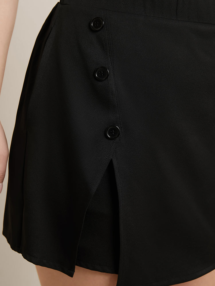 Solid Pocket Button Detail Elastic Waist 2-In-1 Skort