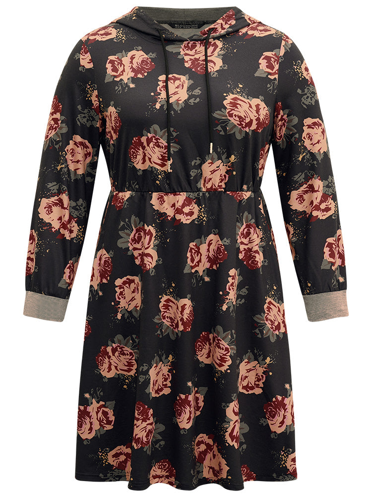 Floral Elastic Waist Hooded Drawstring Pocket Dress