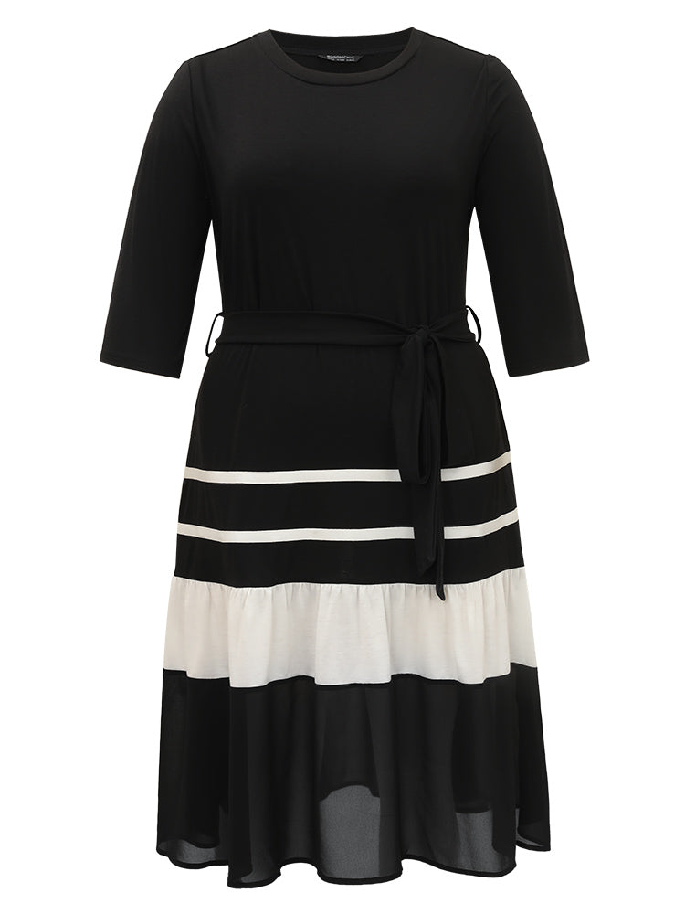 Colorblock Contrast Belted Ruffle Layered Hem Dress
