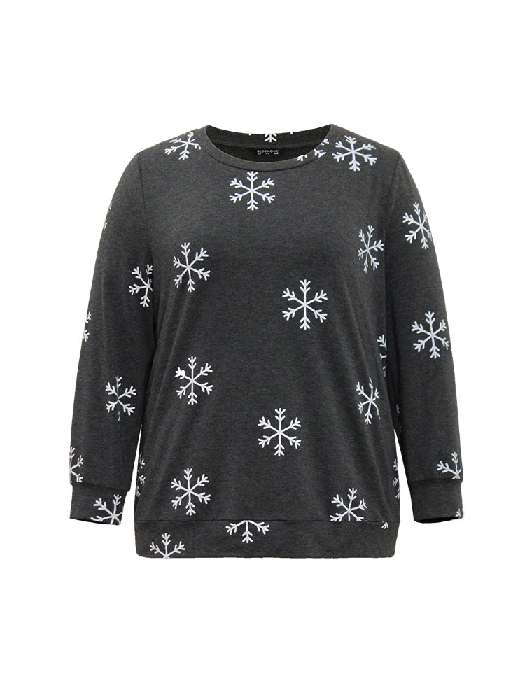 Snowflake Print Round Neck Sweatshirt