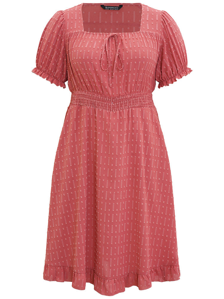 Plain Polka Dot Shirred Square Neck Bowknot Dress