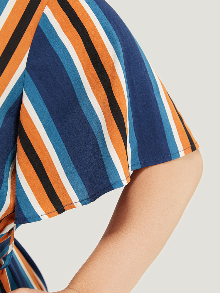 Striped Contrast Pocket Belted Ruffles Sleeve Dress