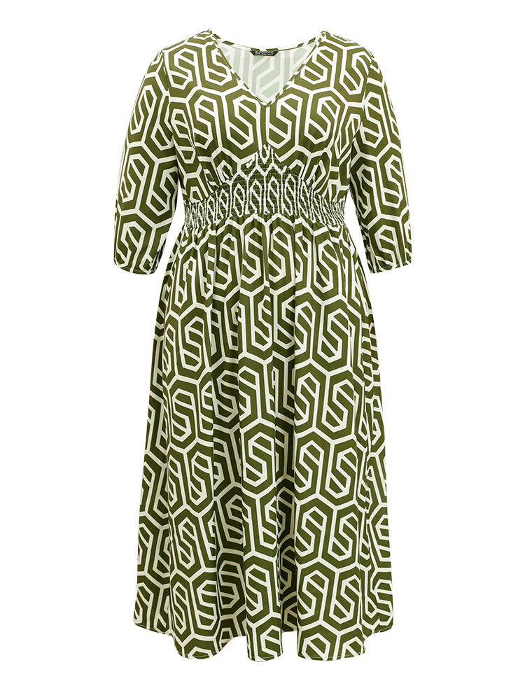 Geometric Print V Neck Shirred Dress