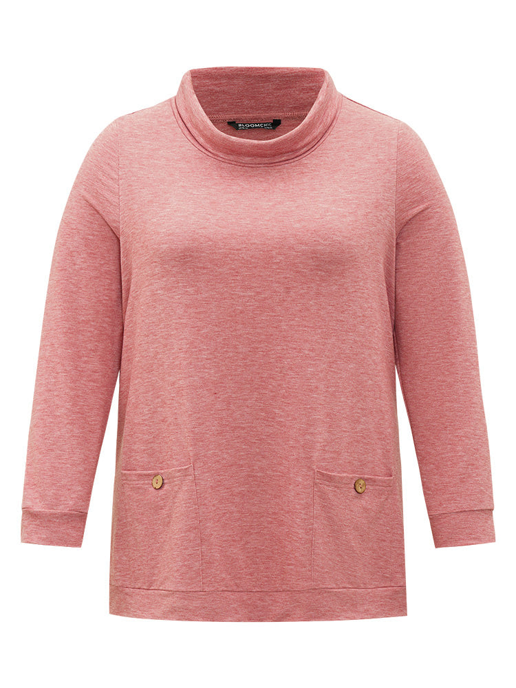 Plain Heather Turtleneck Pocket Button Detail Sweatshirt