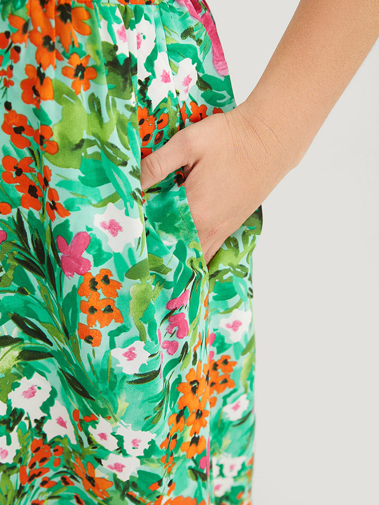 Floral Ruffle Trim Gathered Pocket Button Up Dress