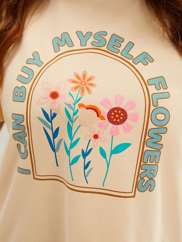 Slogan & Floral Print Crew Neck Graphic Tee