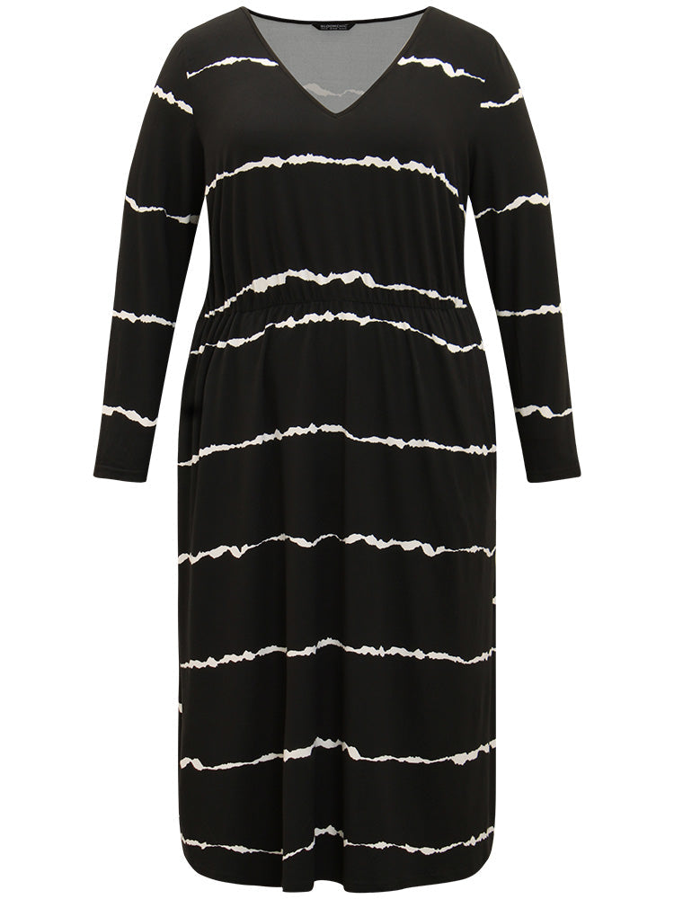 Striped Print V Neck Elastic Waist Dress