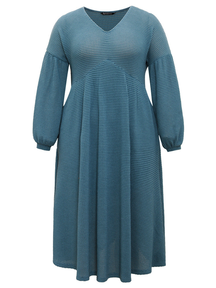 Solid Waffle Knit Pocket Lantern Sleeve Dress