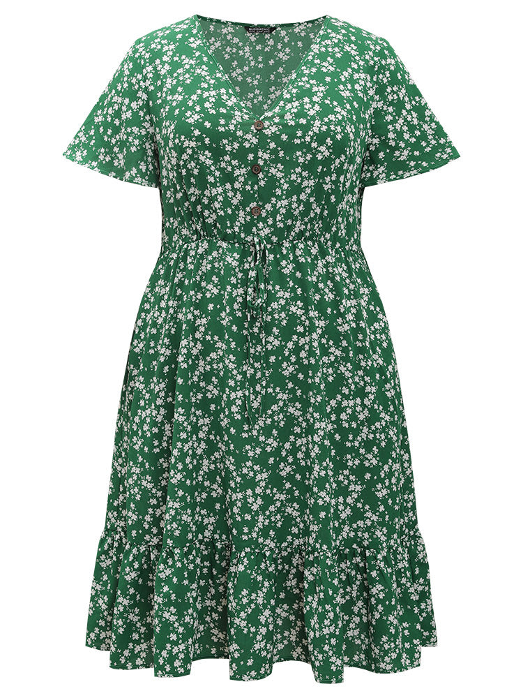 Ditsy Floral Pocket Button Detail Elastic Waist Ties Dress