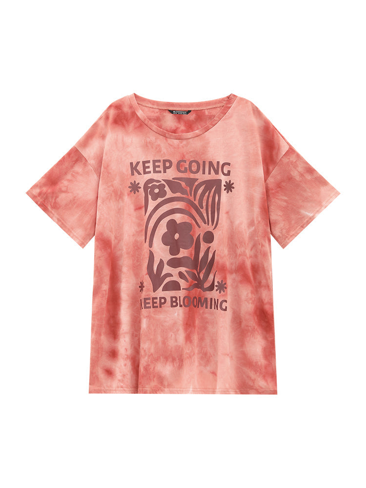 Slogan & Floral Crew Neck Short Sleeve Tie Dye T-shirt